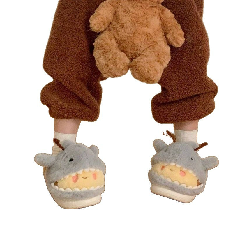 Shark Cotton Slippers Men And Women Fun And Cute Shark Bee Couple Household Bag Heel Fluffy Shoes Winter