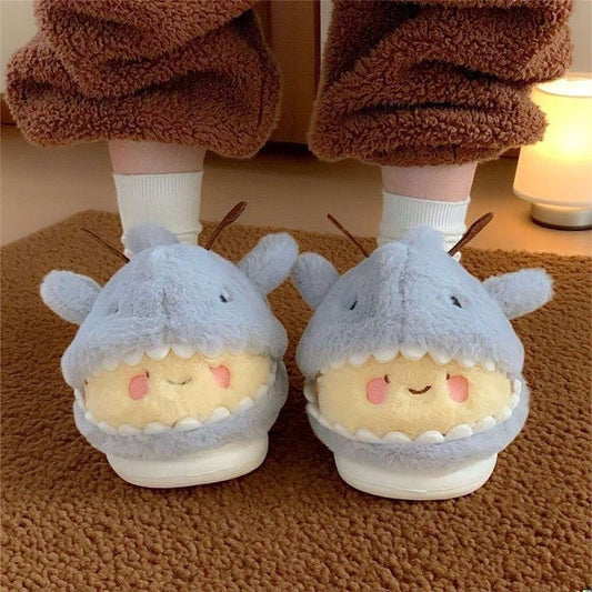 Shark Cotton Slippers Men And Women Fun And Cute Shark Bee Couple Household Bag Heel Fluffy Shoes Winter