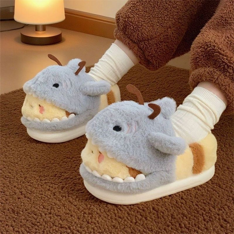 Shark Cotton Slippers Men And Women Fun And Cute Shark Bee Couple Household Bag Heel Fluffy Shoes Winter