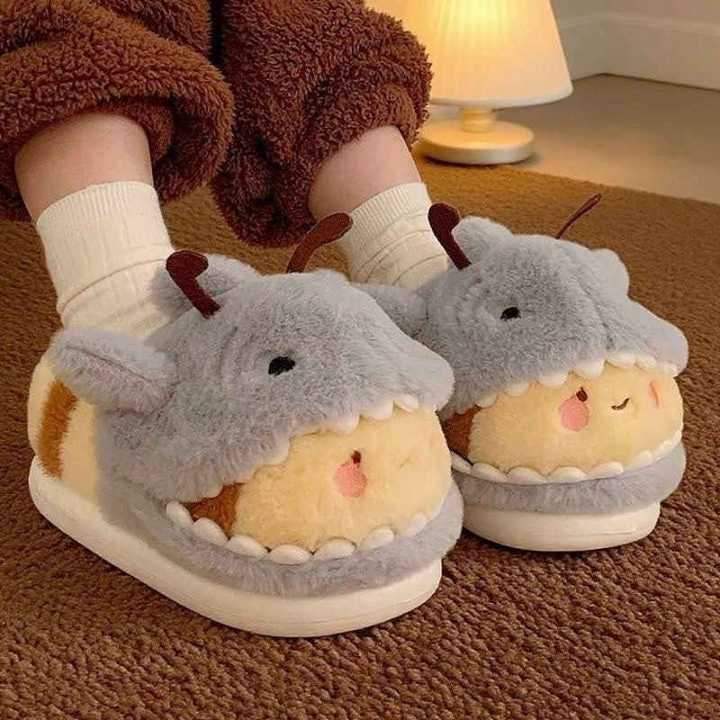 Shark Cotton Slippers Men And Women Fun And Cute Shark Bee Couple Household Bag Heel Fluffy Shoes Winter