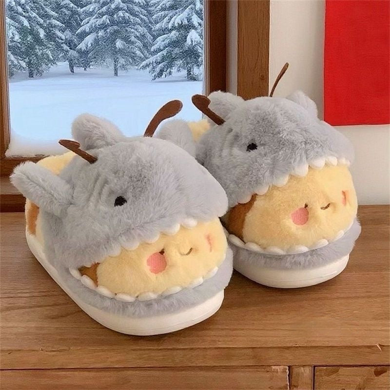 Shark Cotton Slippers Men And Women Fun And Cute Shark Bee Couple Household Bag Heel Fluffy Shoes Winter