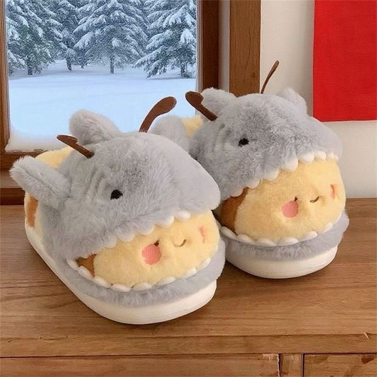 Shark Cotton Slippers Men And Women Fun And Cute Shark Bee Couple Household Bag Heel Fluffy Shoes Winter